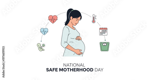 A side view illustration commemorates National Safe Motherhood Day, depicting a pregnant woman tenderly holding her belly, surrounded by health-related icons, all set against a clean white