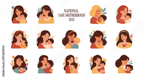 A set of motherhood day illustrations depicting mothers cradling their children, designed with a flat style, and set against a clean white backdrop to promote maternal health awareness