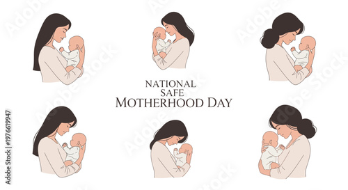 On National Safe Motherhood Day, a vector illustration shows a series of gentle depictions of mothers cradling their infants, emphasizing maternal health awareness with soft, muted colors