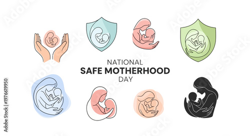 A collection of motherhood illustrations showcases diverse designs related to National Safe Motherhood Day, featuring line art and soft colors against a clean white backdrop promoting