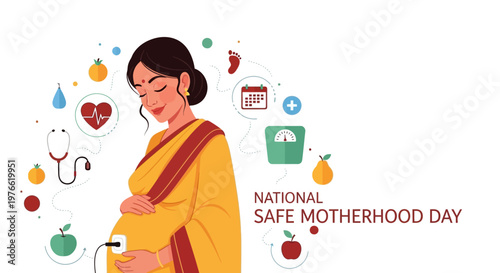 A serene, stylized illustration celebrates National Safe Motherhood Day, portraying a pregnant woman in a yellow sari tenderly cradling her belly with a blood pressure monitor attached, set