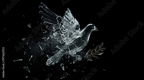 Shattered glass forms a dove in mid-flight