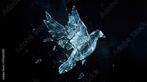 Shattered glass forms a dove in flight