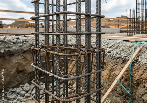 Steel reinforcement bars for concrete foundation at construction site