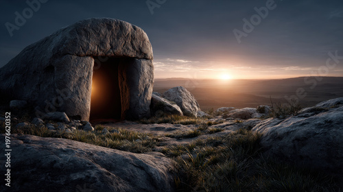 Empty tomb with glowing light at sunrise over rocky landscape, peaceful sunrise horizon