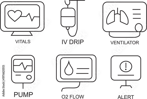 Medical Equipment Line Icon Set, Hospital Healthcare Icons Collection for World Health Day, IV Drip, Ventilator, Monitor and Oxygen Flow Outline Pack