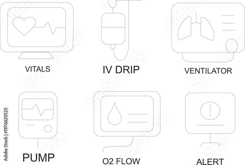 Medical Equipment thin Line Icon Set, Hospital Healthcare Icons Collection for World Health Day, IV Drip, Ventilator, Monitor and Oxygen Flow Outline Pack