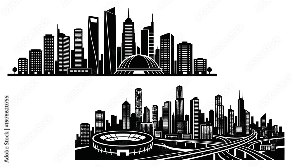 Fototapeta premium Futuristic city skyline with stadium dome and complex highway road intersections.