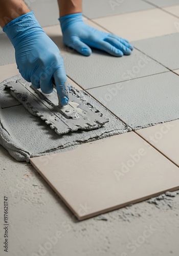 Tiler Applying Mortar on Ceramic Tiles, Home Improvement, Renewal Task