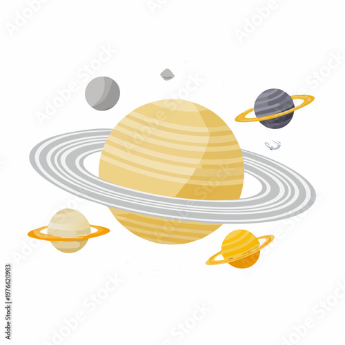 Illustration of a colorful ringed planet with orbiting moons in outer space