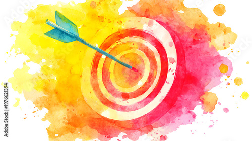 A watercolor painting of a target with a green arrow pointing to the center