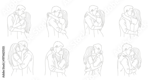 Collection of eight line art illustrations depicting couples embracing and kissing.
