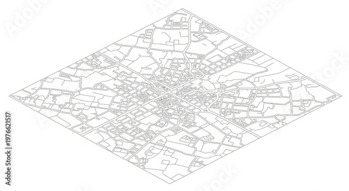 Detailed Isometric City Map Outline on White Background.