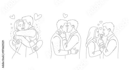 Diverse couples embracing and kissing in a heartwarming display of affection and love.