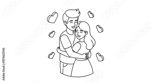 Happy couple embracing with hearts floating around them.