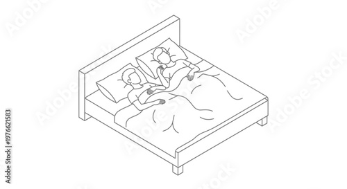 Isometric Line Art of Couple Sleeping in Bed.
