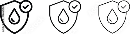 Waterproof protection shield icons, set of 3 water resistant line symbols with checkmark, liquid proof surface and fabric coating vector graphics