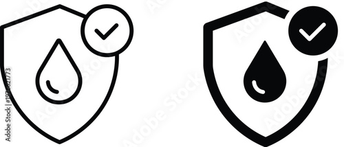 Waterproof protection shield icons, water resistant drop with checkmark symbols, black line and solid vector set for product packaging and labels