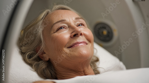 Senior woman relaxing in hyperbaric oxygen therapy chamber, smiling in medical treatment room