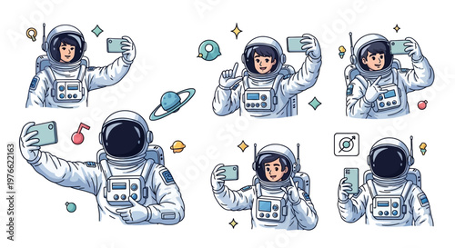 Cartoon-style vector illustrations celebrate International Day of Human Space Flight with astronauts in spacesuits taking selfies and giving thumbs up, set against a clean white background