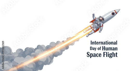 A vibrant vector illustration commemorates International Day of Human Space Flight, showcasing an astronaut waving from a soaring rocket with a fiery trail, set against a clean white