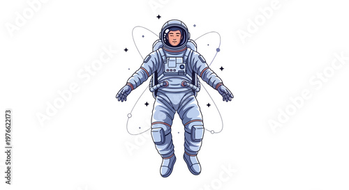 A detailed vector illustration commemorates International Day of Human Space Flight, depicting an astronaut floating in a stylized galaxy with stars and orbits against a clean white