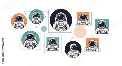 A graphic vector illustration presents multiple astronauts floating in geometric shapes, signifying International Day of Human Space Flight, with a clean composition and cosmic exploration
