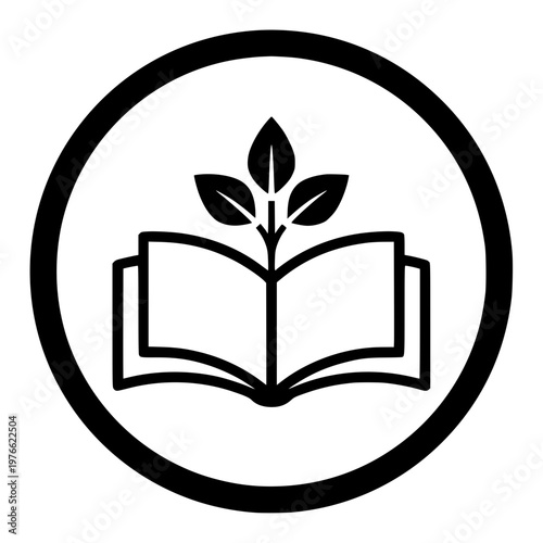 A minimalist vector illustration featuring an open book with a small sprout or plant growing from its center, enclosed in a black circular frame.