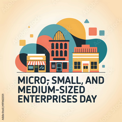 Three stylized storefronts and buildings with text for micro, small, and medium-sized shops in an urban