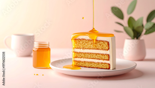 Honey drizzled on cake slice dessert.