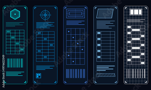 Hand-drawn set of five vertical futuristic sci-fi user interface panels with blue digital data illustration
