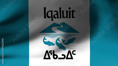 Waving Flag of Iqaluit City Nunavut Canada Close-up Real Time Loop