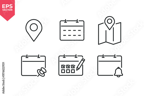 Set of line icons related to time, date, location address, calendar, clock, map pin, reminder, address. Editable stroke. Vector illustration