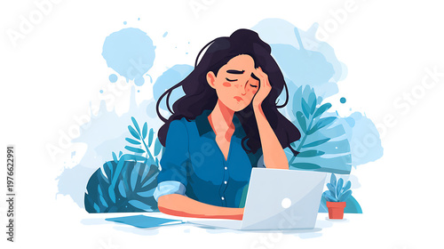 A woman is sitting at a desk with a laptop and a potted plant