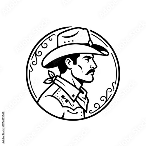 Cowboy Mascot Vector Illustration with Mustache in Circle Frame