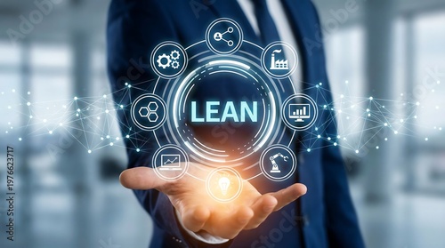 Professional businessman showing virtual Lean management system for optimizing business processes and industrial operations.