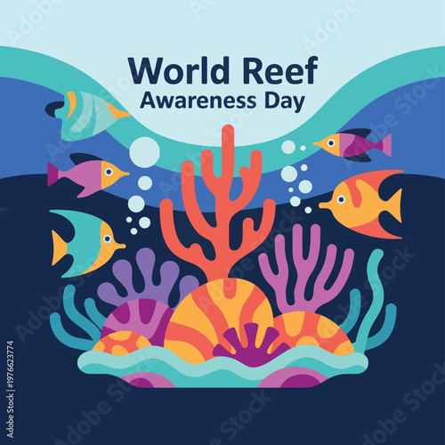 Reef awareness day with colorful coral reefs, tropical fish, and bubbles in the deep sea underwater ocean