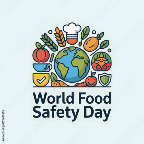 Food safety day emblem with globe, chef hat, wheat, fruits, vegetables, and shield of the Earth