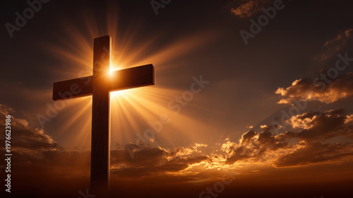 Glowing cross in golden sky, spiritual light, dramatic clouds, sunset horizon, religious symbol, sacred faith