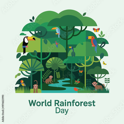 Flat of a tropical rainforest with toucans, monkeys, butterflies, and a river jungle butterfly