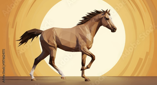 A stylized low-poly brown horse with a dark mane and tail, walking against a warm orange and yellow gradient background with a bright circular sun.