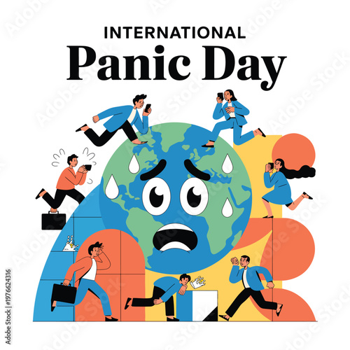 International panic day with a sweating globe and stressed people running with phones, the Earth planet 