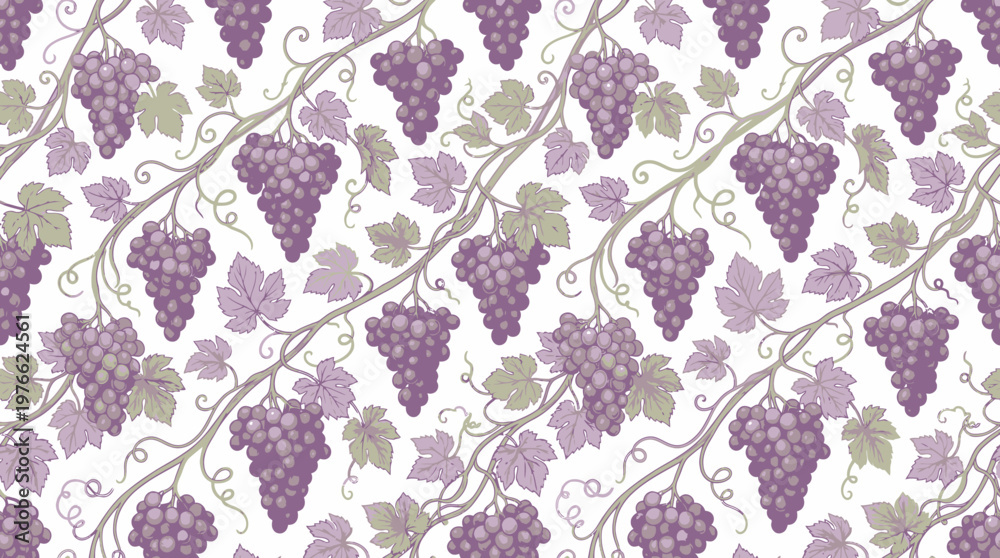 Fototapeta premium Seamless Vintage Purple Grape Pattern with Elegant Vines and Botanical Leaves on White Background for Wine Label Design Textile Fabric and Wallpaper Decor Art