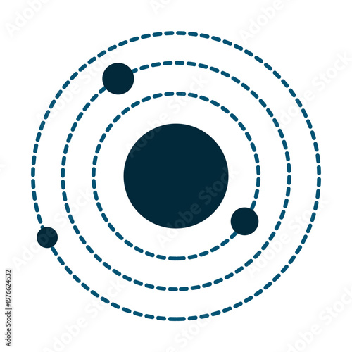 Atomic structure illustration with electrons orbiting a central nucleus.