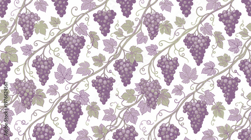 Seamless Vintage Purple Grape Pattern with Elegant Vines and Botanical Leaves on White Background for Wine Label Design Textile Fabric and Wallpaper Decor Art