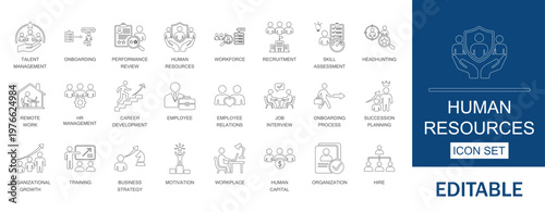 Human Resources Business Management Teamwork Education Vector Icon Set.