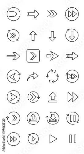 Collection of various arrow icons and symbols representing direction, navigation, and media controls, presented in a clean line art style.