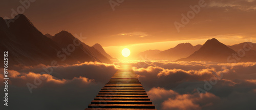 Mystical pathway above cloud toward sunrise over mountain landscape, glowing stair, golden sky, peaceful scene, heavenly light