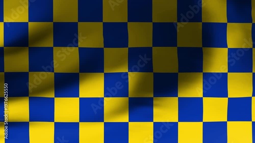Blue and Yellow Checkered Flag Waving Gently in Close-up Slow Motion