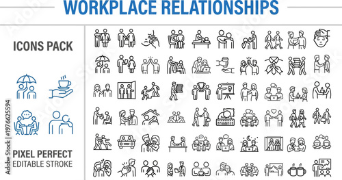Workplace Relationships Outline Vector Icons — Teamwork, Office Communication, Colleagues